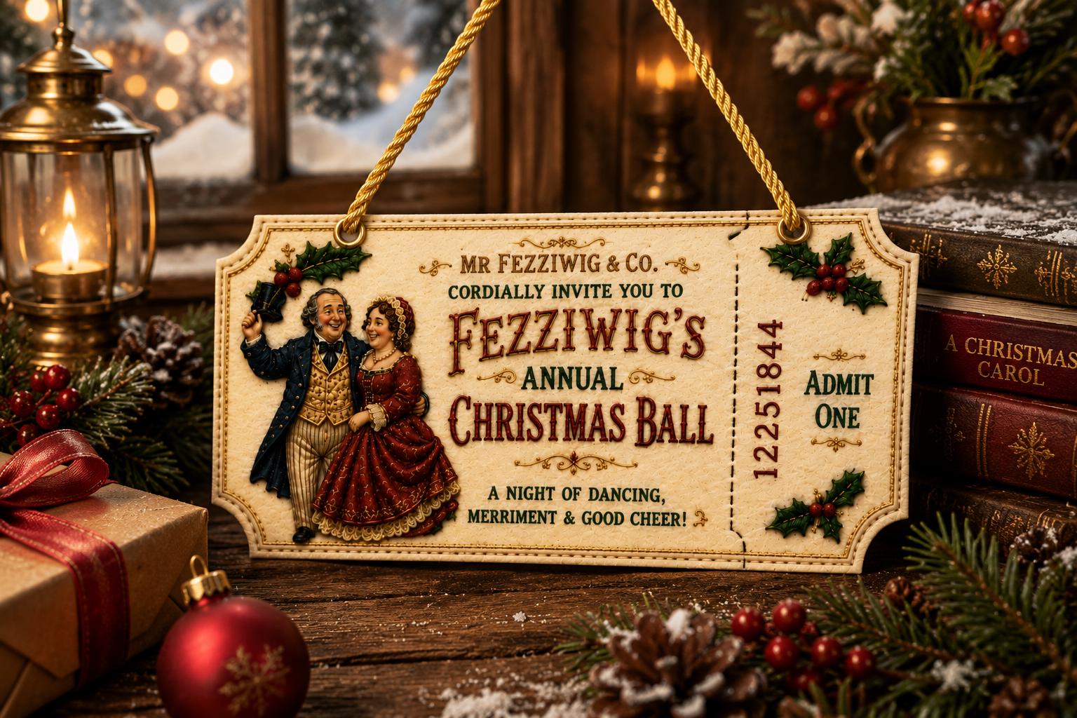 Fezziwig's Christmas Ball Ticket Ornament - handmade dickens ornament