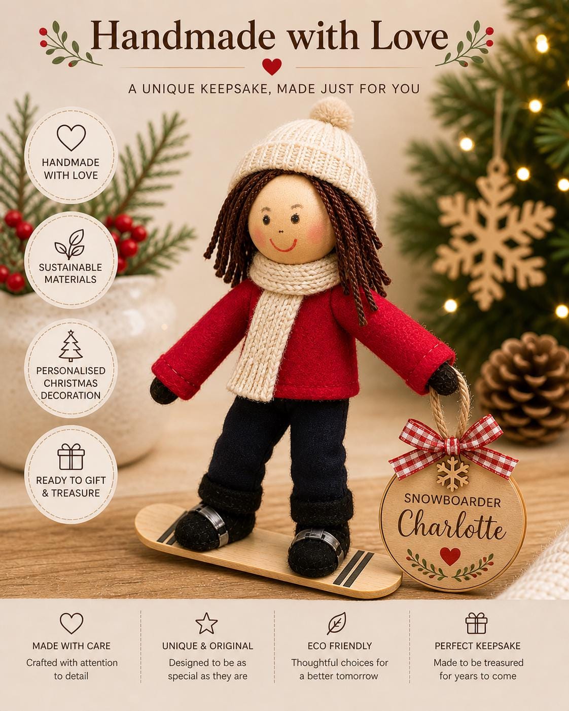 Personalised Snowboarder - handmade felt figure